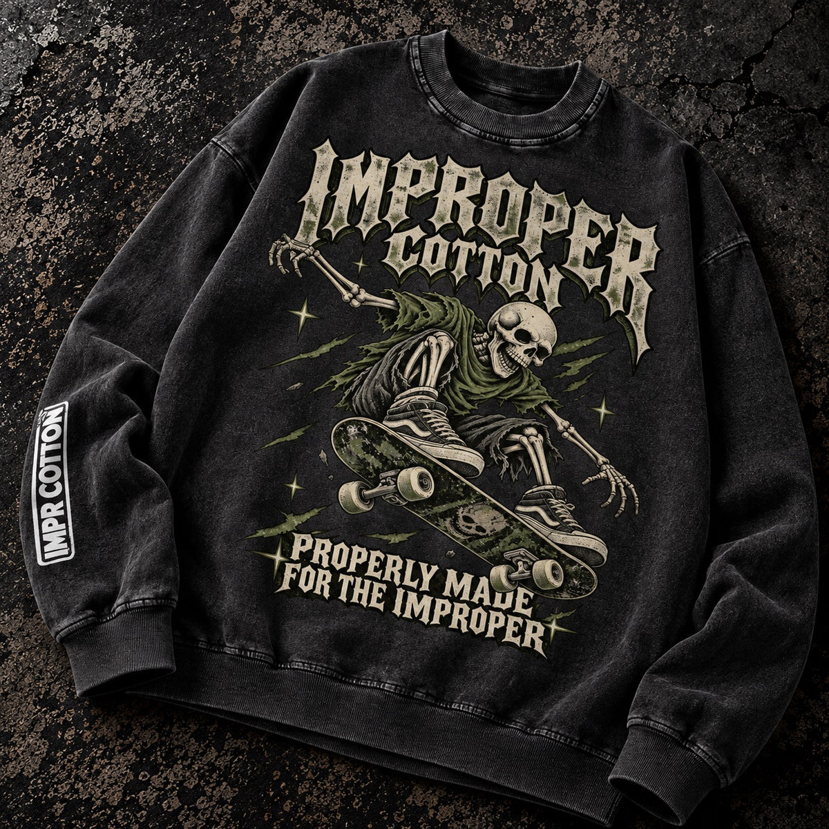 Improper Cotton Vintage Sweatshirt Skateboarding Skeleton Graphic on the front and IMPR Crown on the sleeve