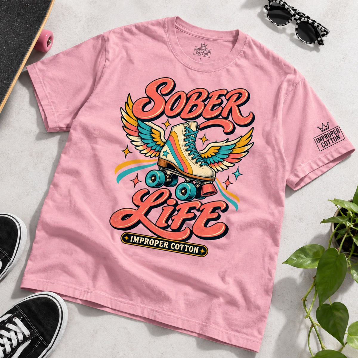 Sober life roller skating pink retro graphic tees by improper cotton shop shirts bold tees