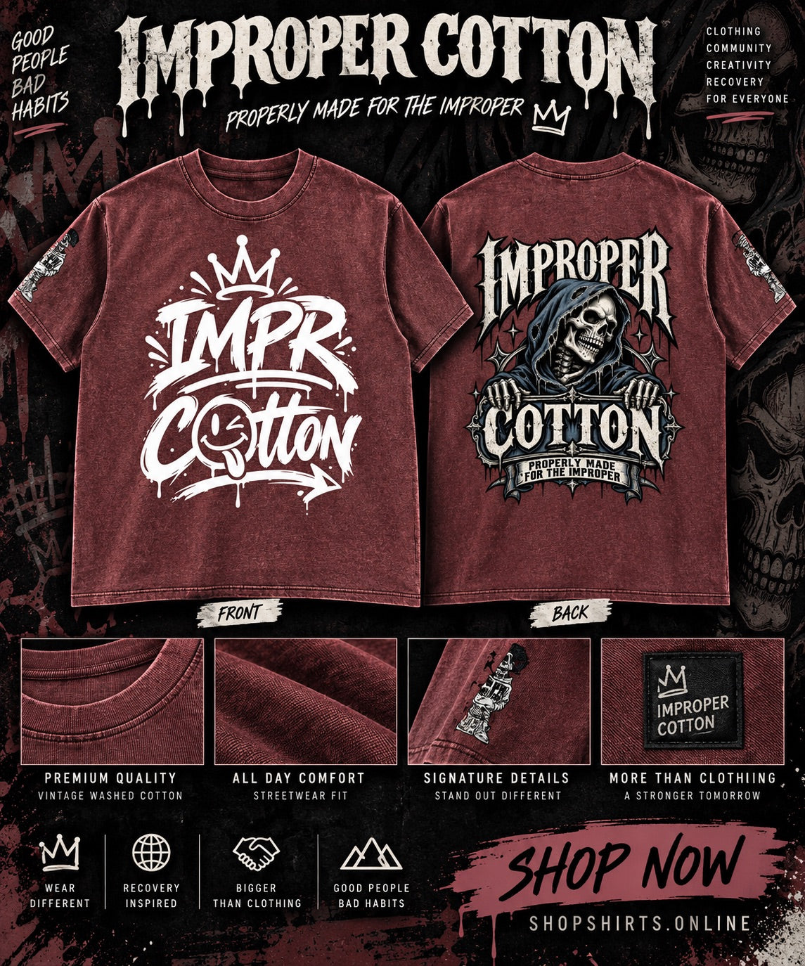 A promotional graphic for an 'Improper Cotton' t-shirt showing both front and back views. The t-shirt is a washed, heathered dark red/burgundy color.