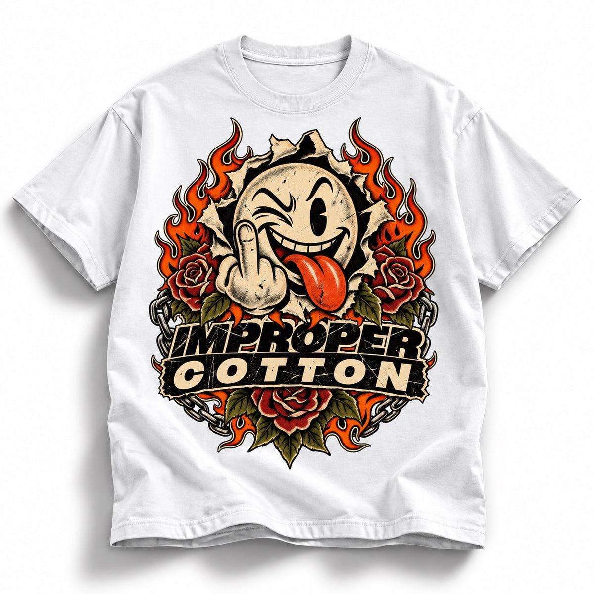 A white short-sleeve t-shirt with a large graphic print on the front. The graphic features a cartoon face with its tongue sticking out, surrounded by red roses, orange flames, and the text 'IMPROPER COTTON' in a black banner with cream lettering.