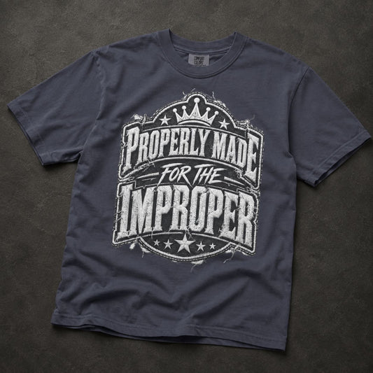 A dark slate blue crewneck t-shirt with a distressed white graphic print reading 'PROPERLY MADE FOR THE IMPROPER' with a crown and stars, laid flat on a dark textured background.