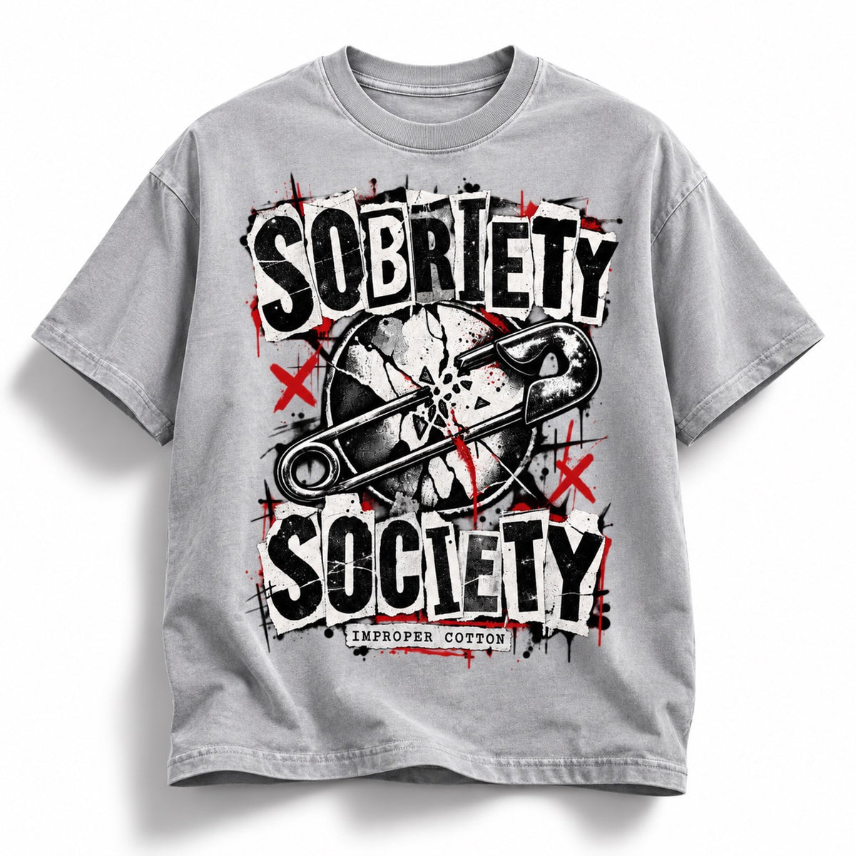 Gray vintage-wash Improper Cotton Sobriety Society T-shirt featuring a distressed black, white and red safety pin graphic, displayed on a clean white background with a soft cast shadow.