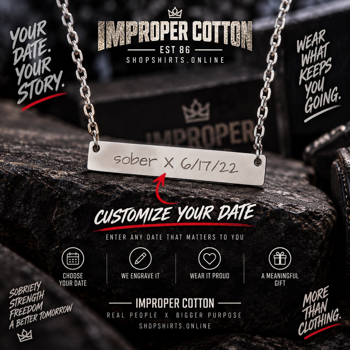 A silver bar necklace with engraved text reading 'sober x 6/17/22' displayed on a dark textured rock. The image is a promotional graphic for Improper Cotton, featuring brand logos, marketing text, and icons explaining customization options.