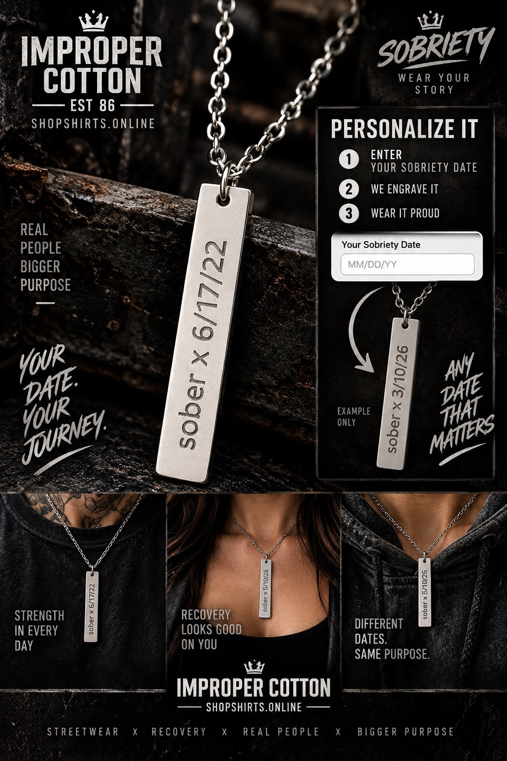 Personalized sobriety date vertical bar necklace engraved with “sober x 6/17/22” on a dark industrial background, custom recovery jewelry by Improper Cotton.