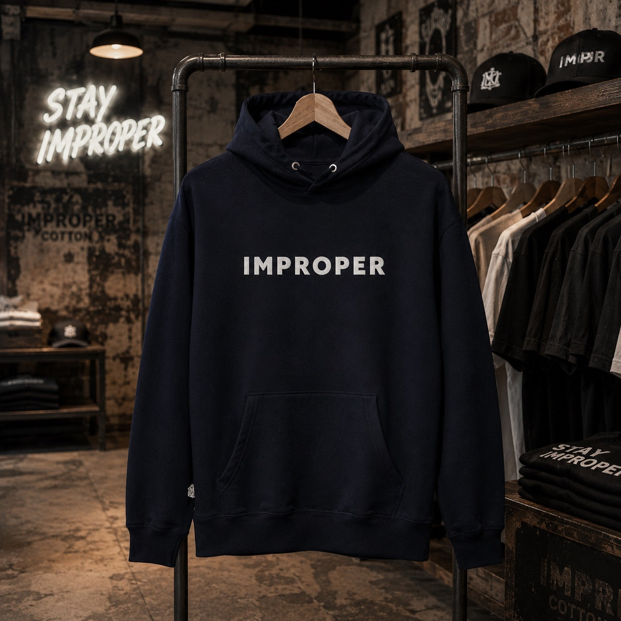 A navy blue pullover hoodie with 'IMPROPER' printed in white across the chest, hanging on a black clothing rack inside a styled retail store environment with brick walls and other apparel visible.