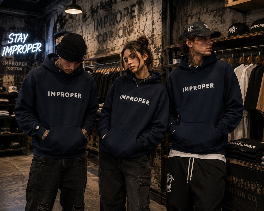 Three models wearing matching navy blue hoodies with 'IMPROPER' printed in white across the chest, standing in a rustic clothing store.