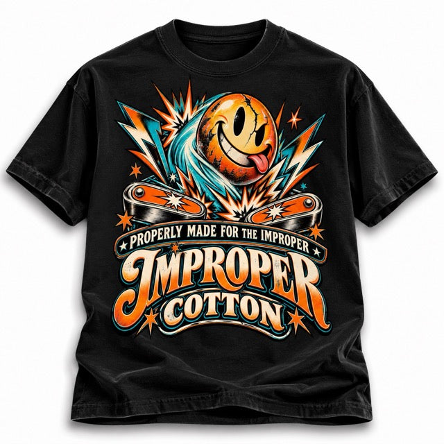 A black short-sleeve graphic t-shirt featuring a retro-style orange and teal smiley face design with the text 'PROPERLY MADE FOR THE IMPROPER IMPROPER COTTON' on the front, displayed against a clean white background.