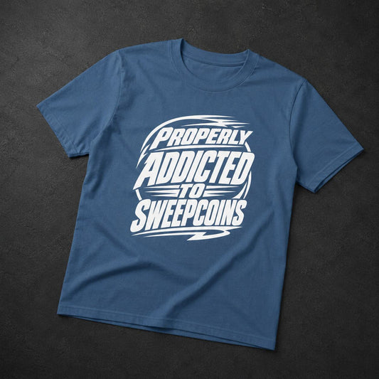 A blue short-sleeve t-shirt with a white graphic print reading 'PROPERLY ADDICTED TO SWEEPOINS' laid flat on a dark textured background.