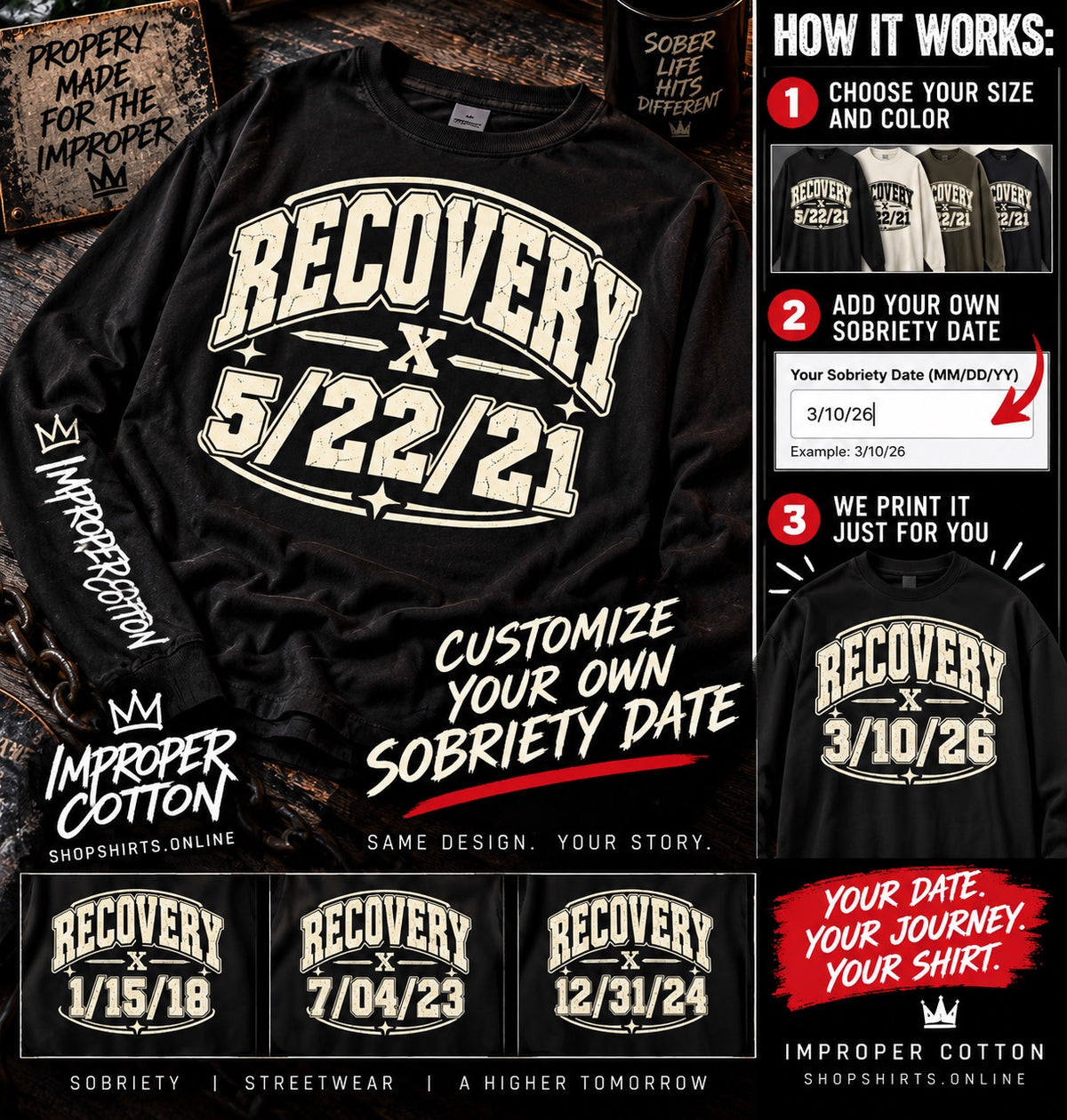 A black custom printed t-shirt with a large white and red 'Recovery x 5/22/21' graphic on the front, displayed on a dark wood background with promotional text and customization examples.