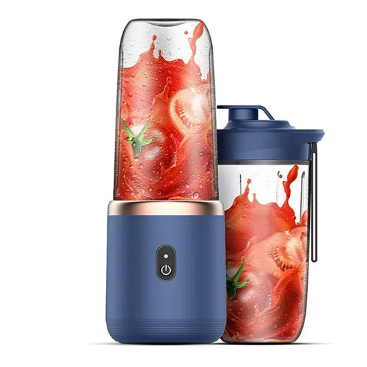 Blue portable blender with tomato juice design on a white background
