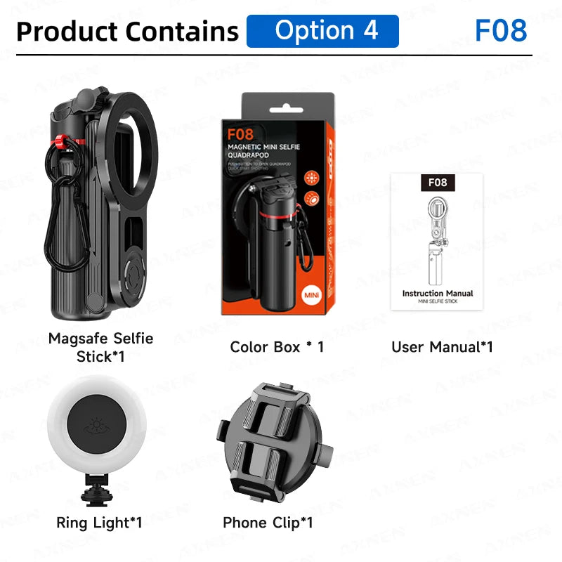 Product packaging with Magsafe Selfie Stick, Color Box, User Manual, Ring Light, and Phone Clip on a white background.