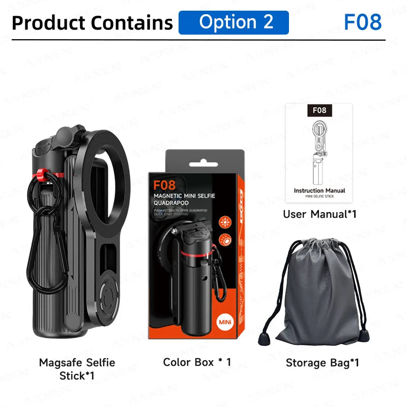 Product packaging with Magsafe Selfie Stick, color box, user manual, and storage bag on a white background.