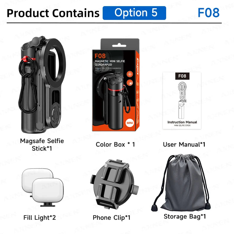 List of product components including Magsafe Selfie Stick, Color Box, User Manual, Fill Light, Phone Clip, and Storage Bag on a white background.