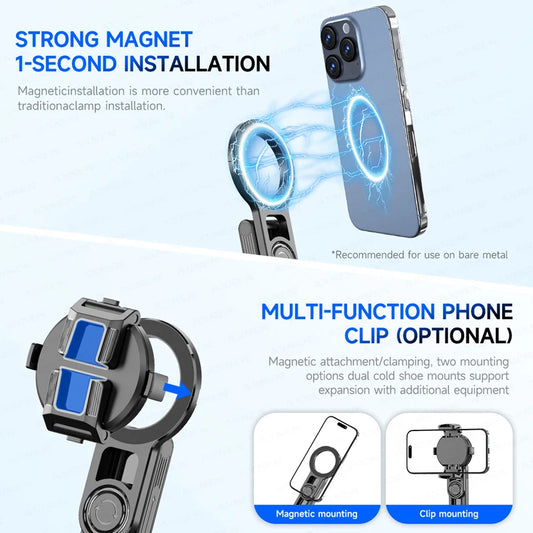Phone case with magnetic installation feature and multi-function phone clip on a light blue background.
