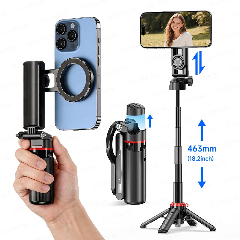 Phone holder with adjustable arm and stand, showing smartphone attachment and measurement details.