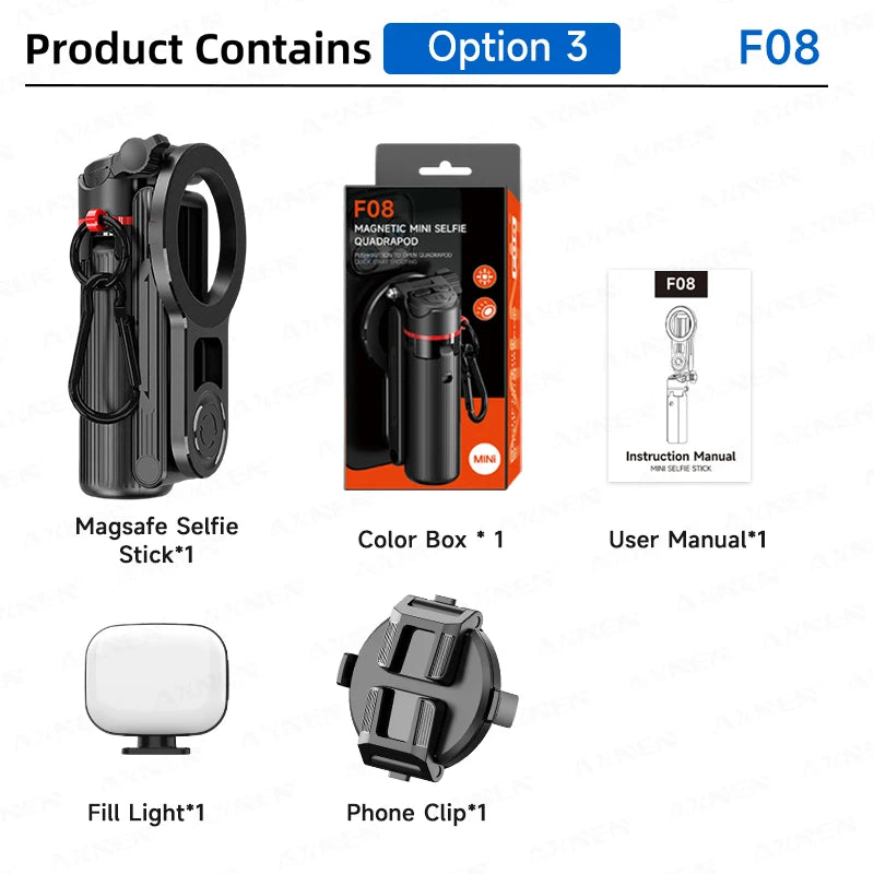 Product packaging with Magsafe Selfie Stick, Color Box, User Manual, Fill Light, and Phone Clip on a white background.