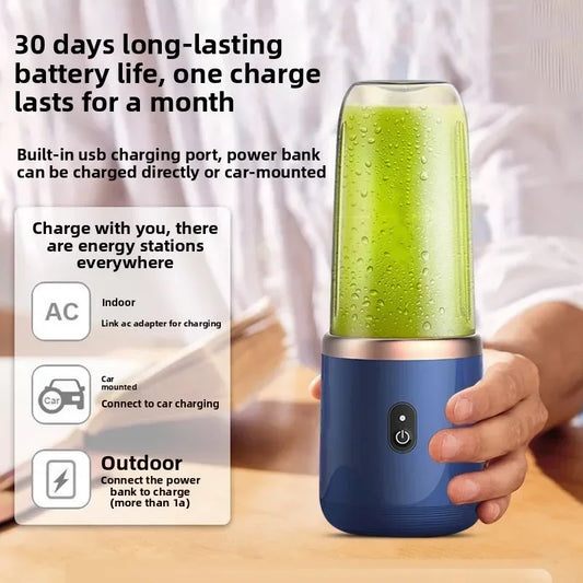 Portable blender with green juice, held by a person, on a wooden surface with text about battery life and charging options.
