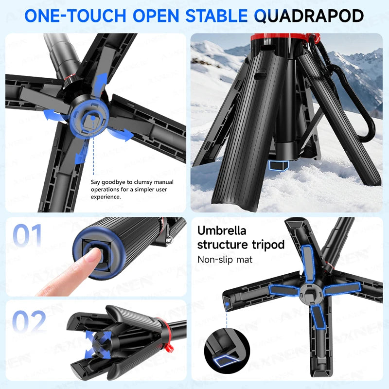Collapsible tripod with umbrella structure and one-touch open feature, shown in various stages of assembly.