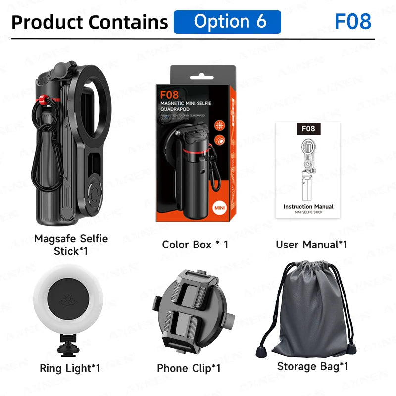 Product packaging with Magsafe Selfie Stick, color box, instruction manual, ring light, phone clip, and storage bag on a white background.
