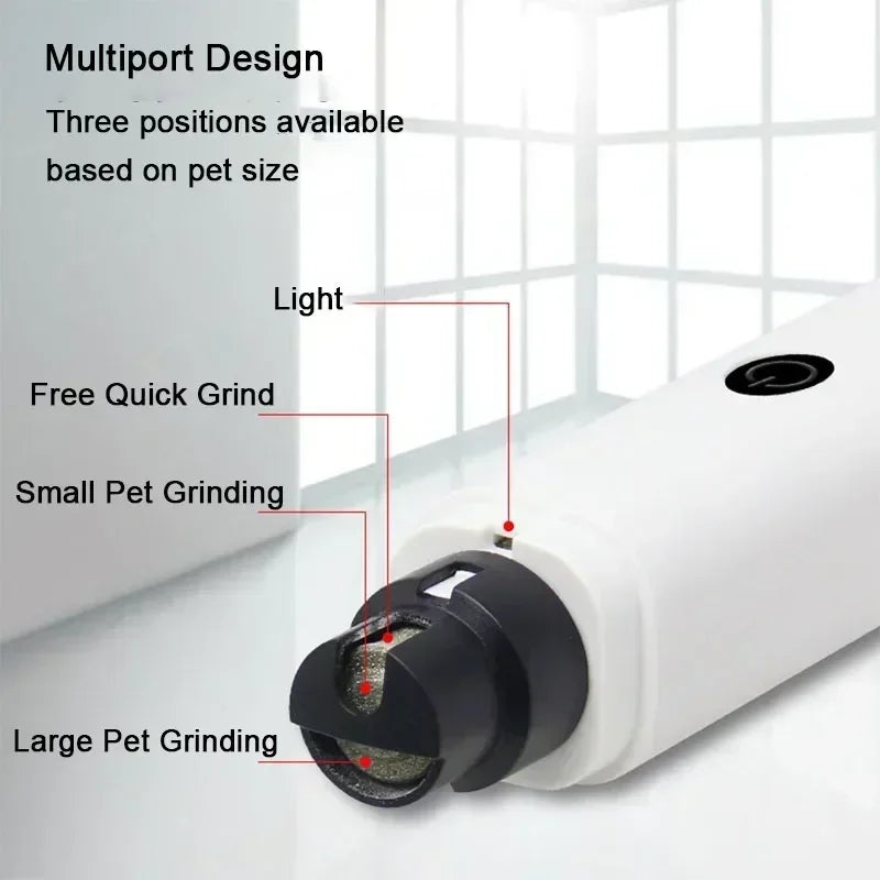 Pet grooming tool with multiport design and labeled positions for different pet sizes.