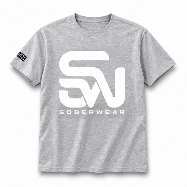 A heather gray crewneck t-shirt featuring a large white 'SW' monogram and 'SOBERWEAR' text printed on the front, with a small black 'SW' logo patch on the left sleeve.