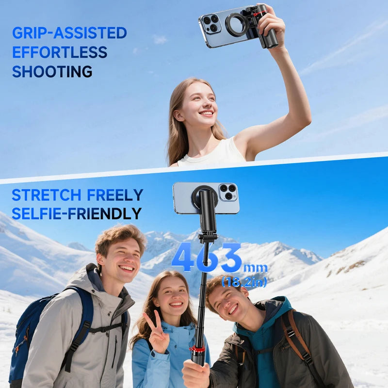 People taking a selfie with a phone holder against a snowy mountain background