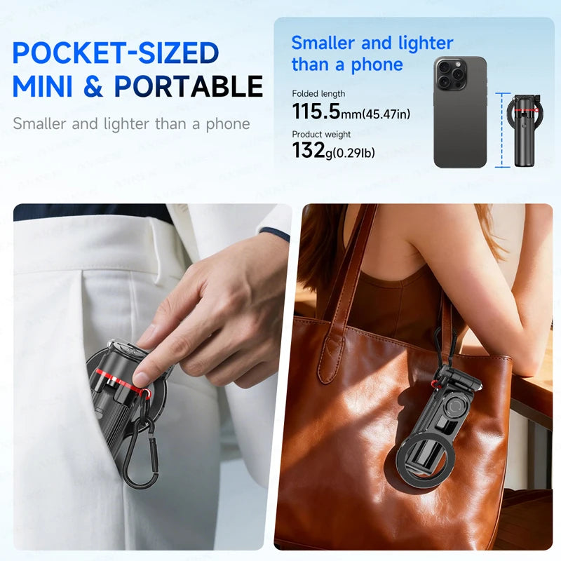 Pocket-sized device being placed in a pocket and attached to a bag, with text highlighting its size and weight.