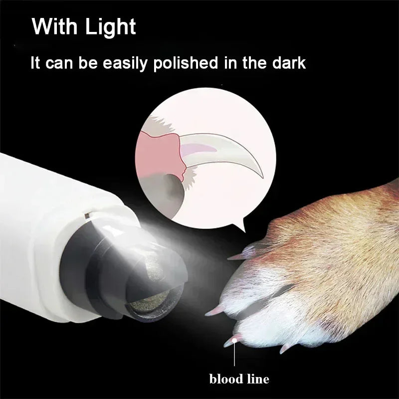 Pet nail grinder with light on a black background, showing a close-up of a paw and a bloodline diagram.