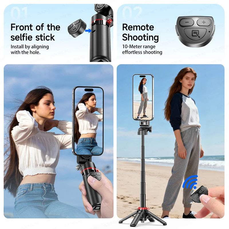 Selfie stick with remote control features and usage scenarios on a beach.