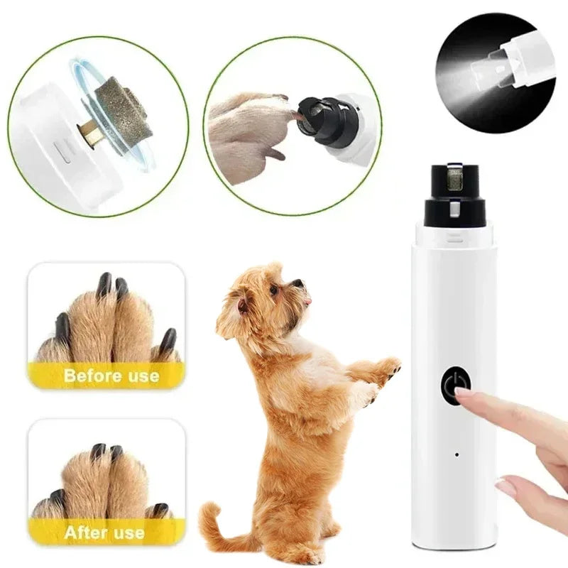 Pet nail grinder with before and after use illustrations on a white background