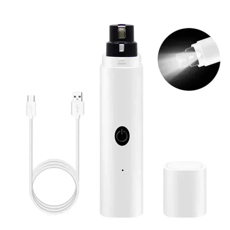 White electronic device with black cap and power indicator, USB cable, and small white container on a white background.