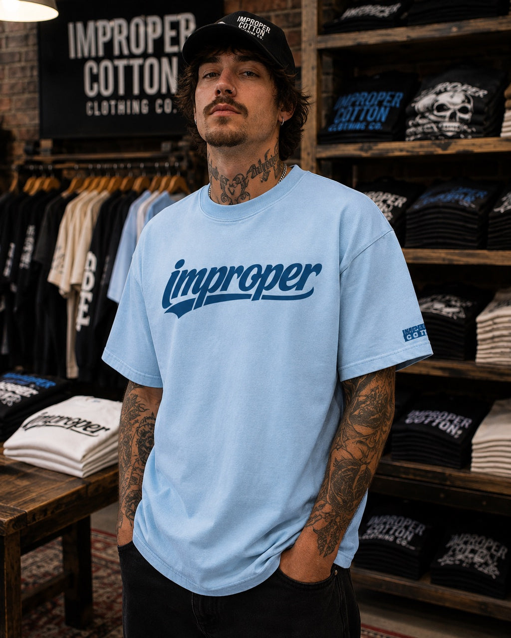 A model wearing a baby blue signature impropercotton improper brand T-shirt
