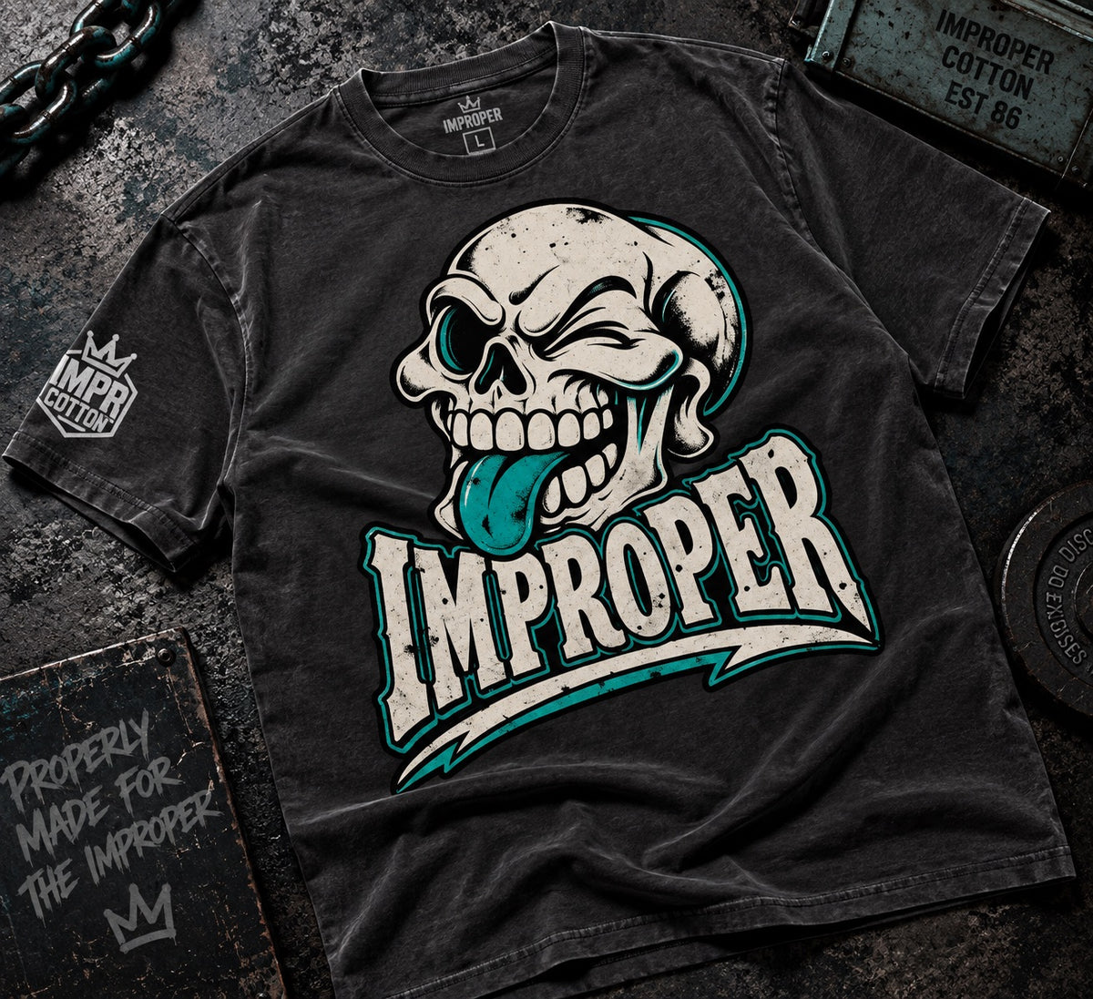 Skull out impropercotton black graphic tee laying on a dark wooden table ShopShirts graphic tees