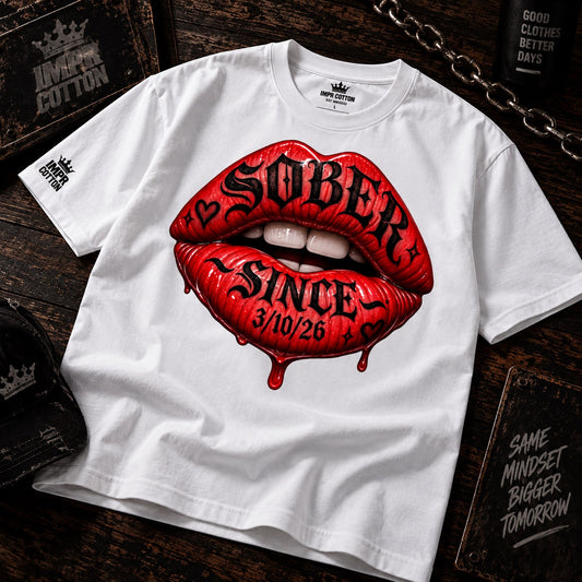 Personalized Sober Since Tee | Custom Sobriety Date Red Lips Graphic T-Shirt