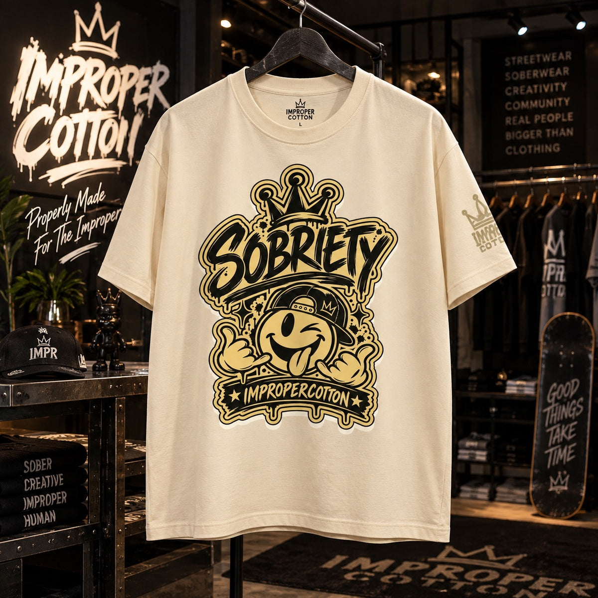 An off-white short-sleeve graphic t-shirt hanging on a black hanger in a retail store. The shirt features a large graphic on the front with a crown, a smiling cartoon face wearing a sobriety mug, and the words 'Sobriety' and 'Improper Cotton'.