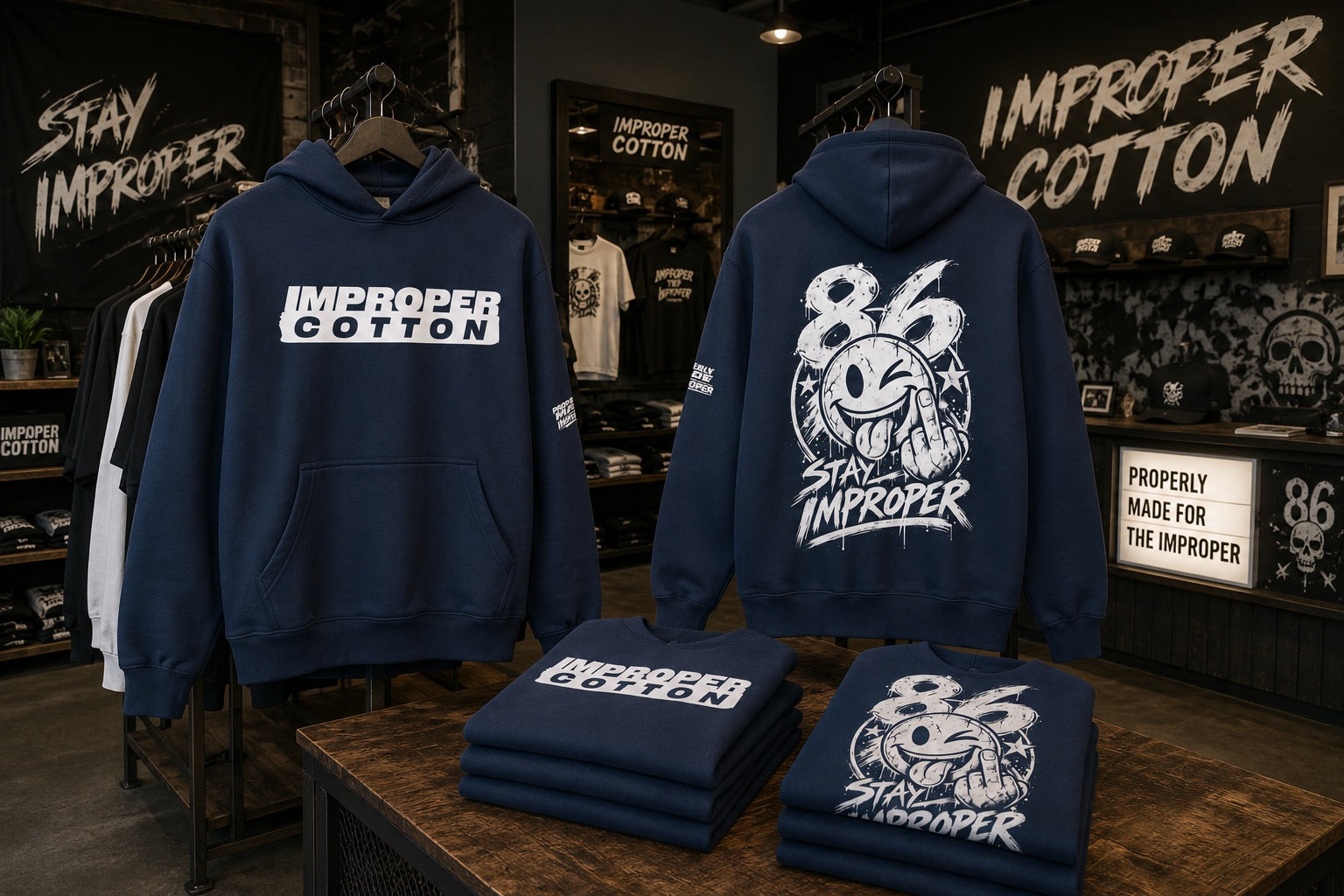 A navy blue hoodie and matching folded T-shirts displayed in a retail store. The hoodie shows the front with a white 'IMPROPER COTTON' logo and the back with a large white '86 Stay Improper' graphic.