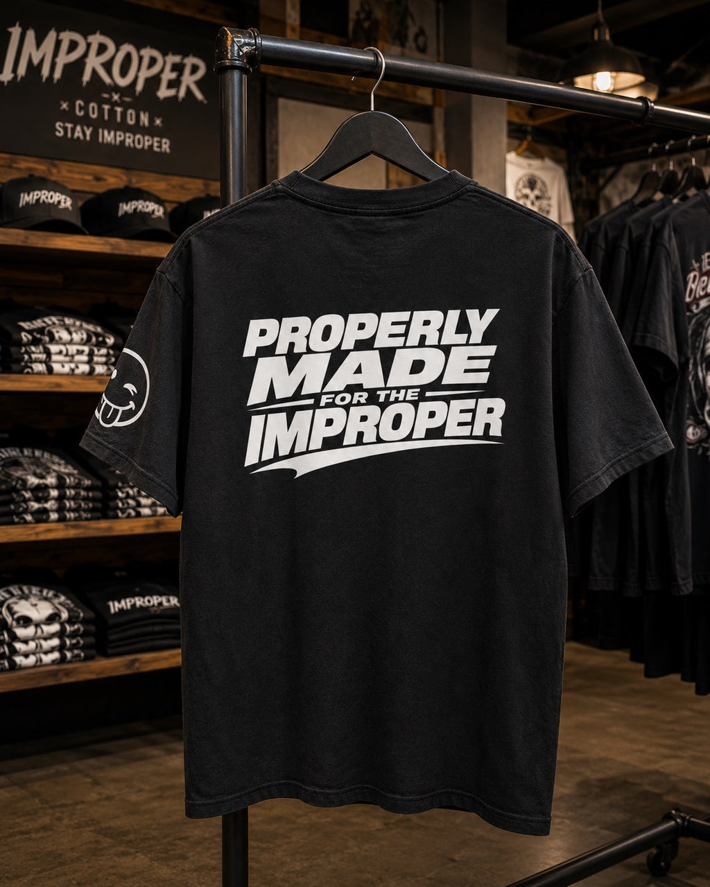 A black short-sleeve t-shirt hanging on a black hanger on a clothing rack inside a retail store. The back of the shirt features a large white graphic text reading 'PROPERLY MADE FOR THE IMPROPER' with a white swoosh underneath.