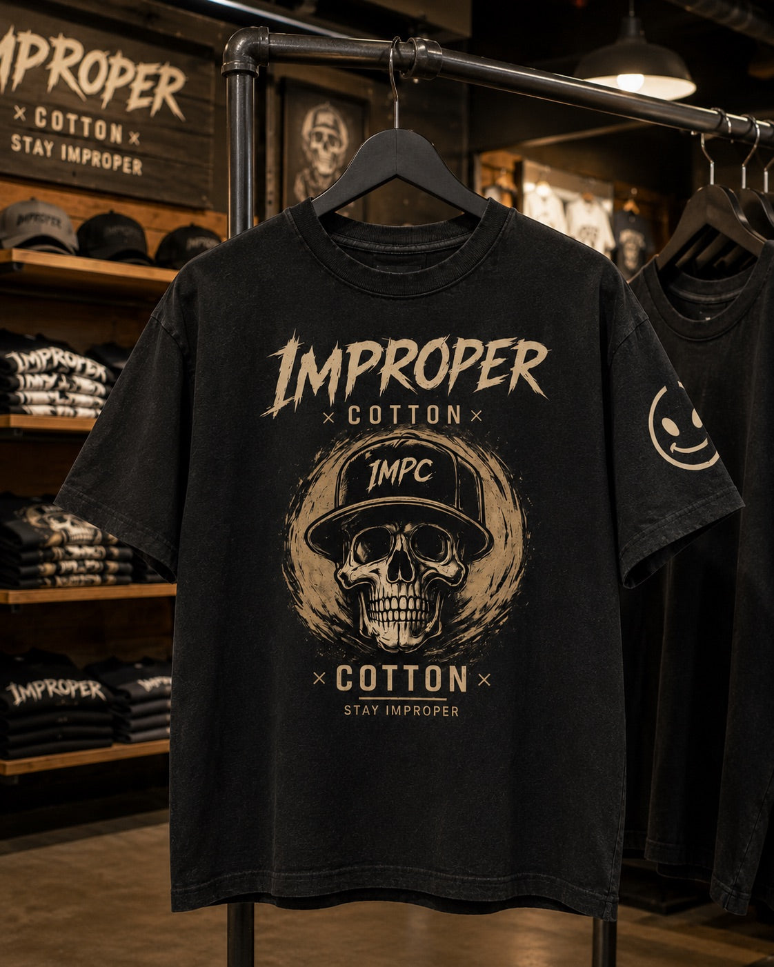 A black cotton graphic t-shirt hanging on a black hanger from a metal clothing rack inside a retail store. The shirt features a distressed beige graphic of a skull wearing a baseball cap with 'IMPC' written on it, surrounded by the words 'IMPROPER COTTON' and 'STAY IMPROPER'.