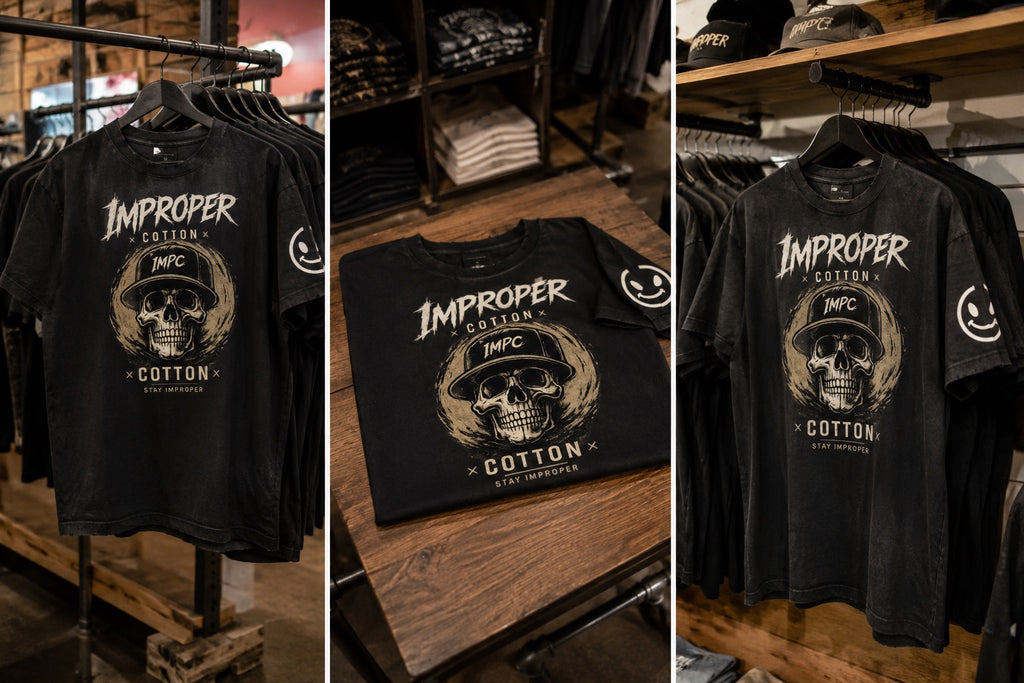 A black graphic T-shirt displayed in a retail store setting, shown from multiple angles. The shirt features a large distressed beige graphic of a skull wearing a hat with the text 'Improper Custom MC Cotton' and a small smiley face on the sleeve.