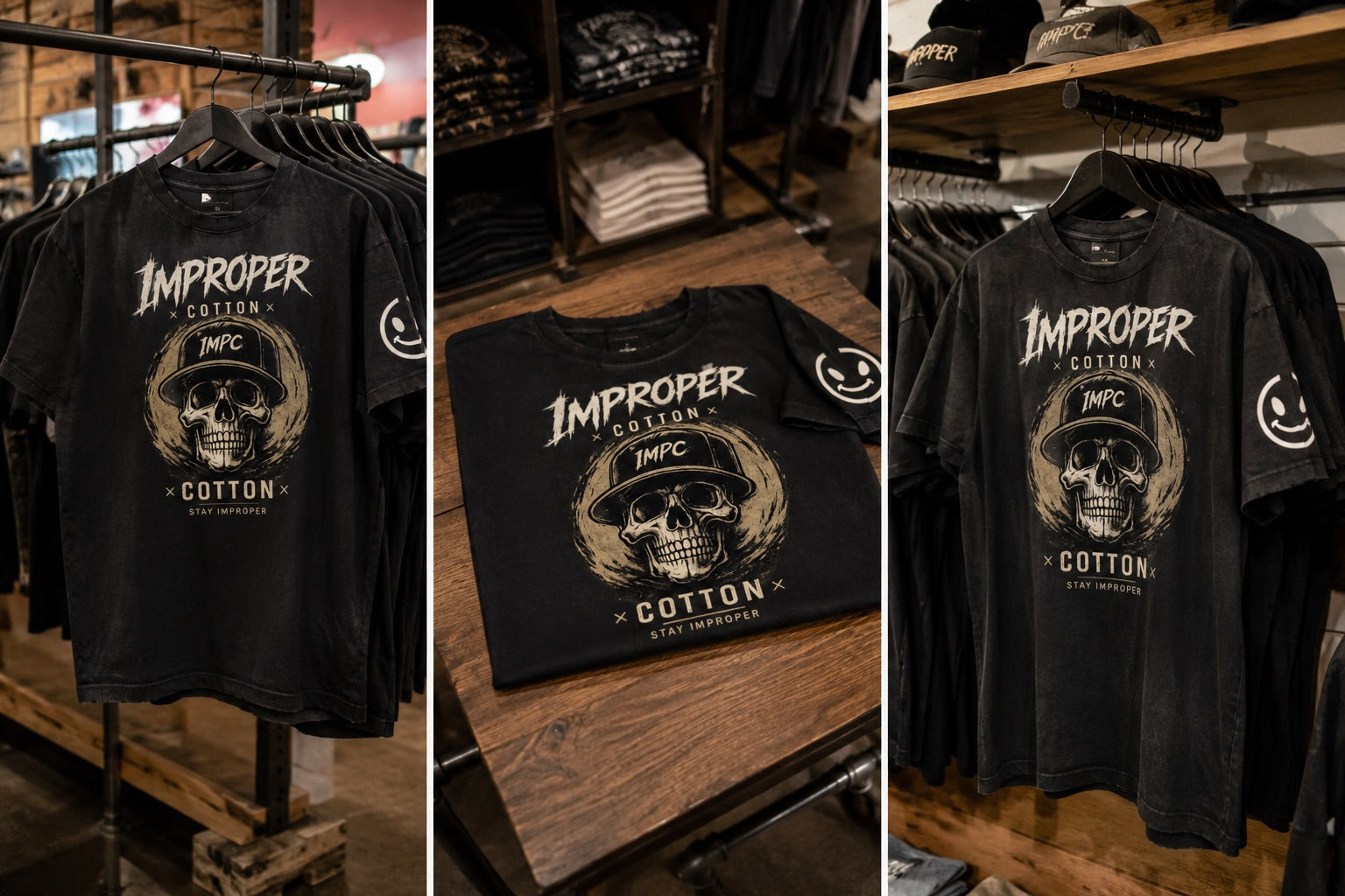 A black graphic T-shirt displayed in a retail store setting, shown from multiple angles. The shirt features a large distressed beige graphic of a skull wearing a hat with the text 'Improper Custom MC Cotton' and a small smiley face on the sleeve.