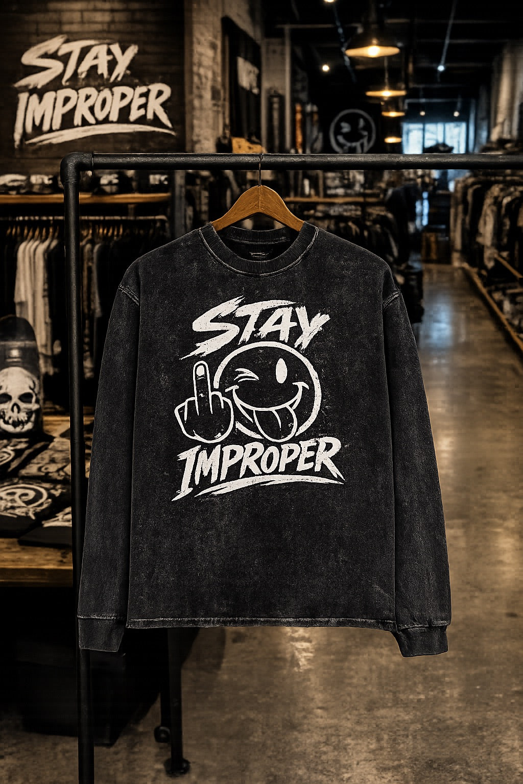 A black acid-wash long-sleeve t-shirt with a white graphic print reading 'STAY IMPROPER' and a winking face with a middle finger, hanging on a clothing rack inside a retail store.