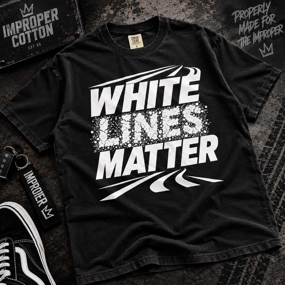 White lines matter black Graohic tees laying on a table by improper cotton ShopShirts online