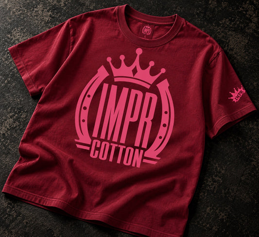 Wine red iMPR cotton crown premium graphic tee shirt laying on a dark textured table 
