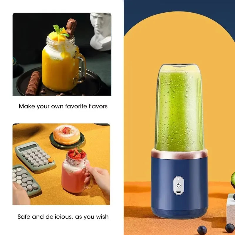 Portable blender with a green smoothie on a yellow background, surrounded by images of drinks and snacks.
