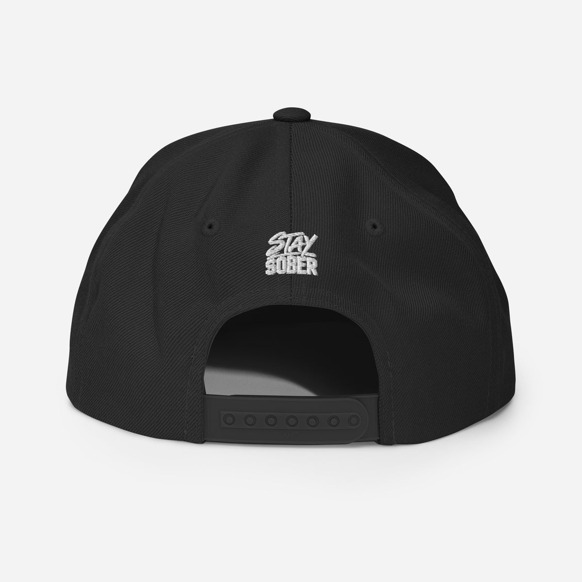 Black snapback cap shown from the back, featuring the brand name 'STAY SOBER’ in white embroidered text on the back panel.