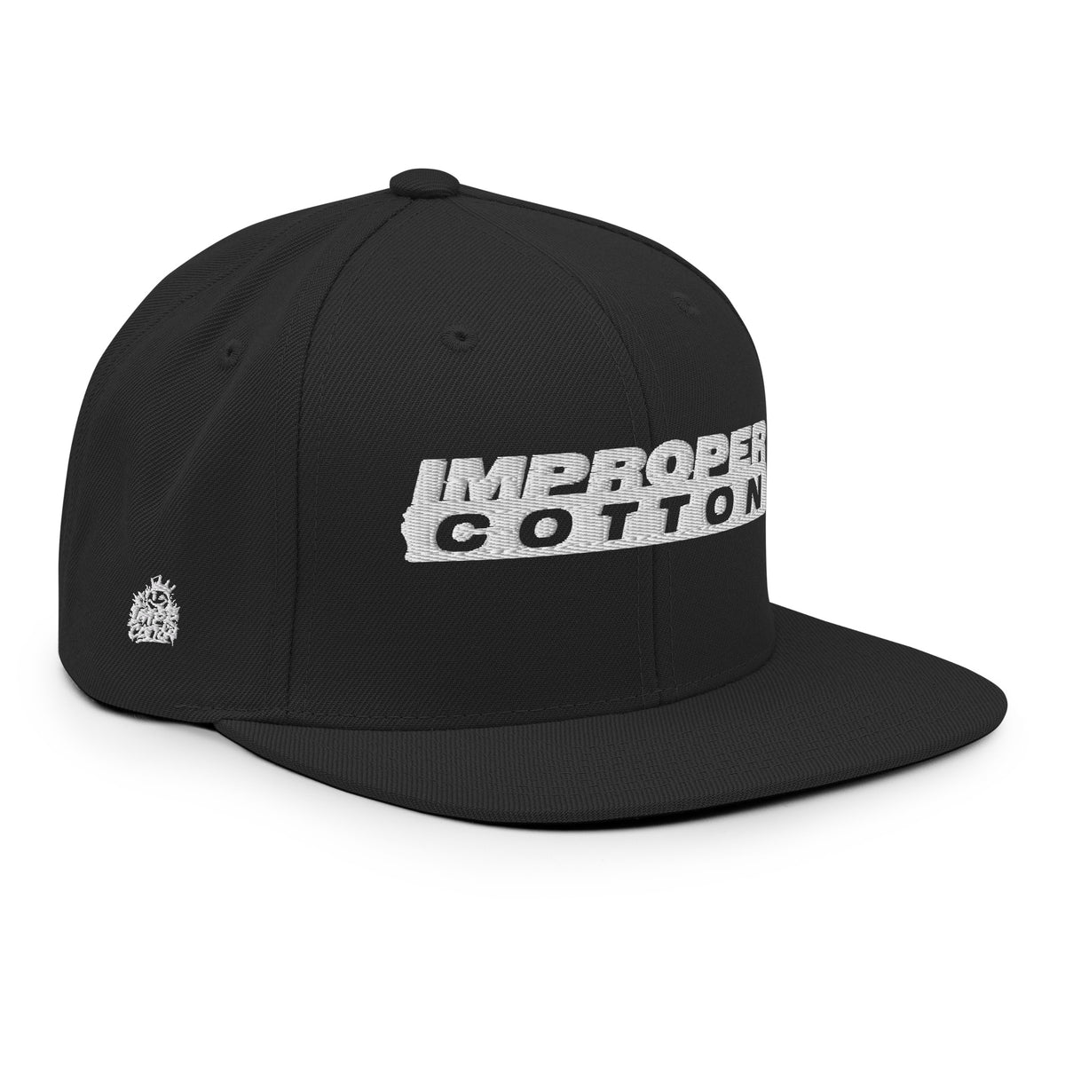 Black cap with white text on a white background