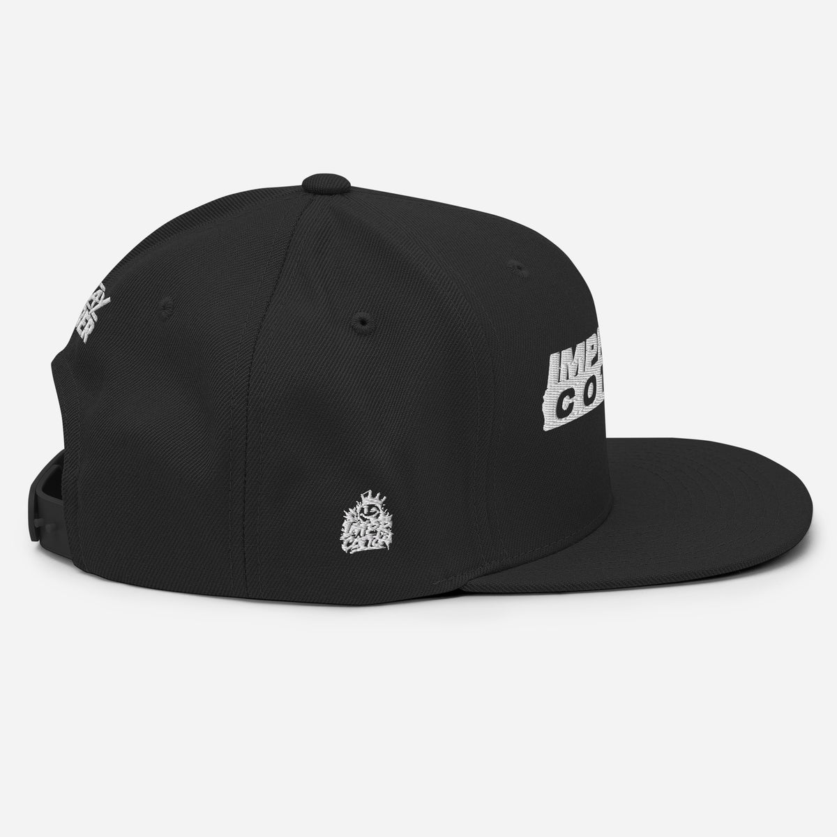 Black cap with white and purple text on a white background