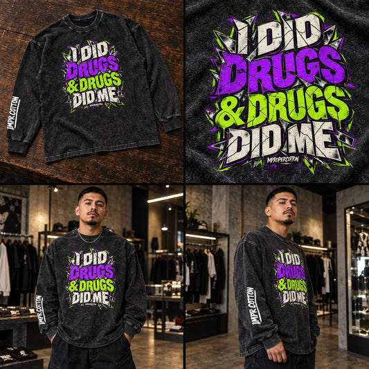 A four-panel collage showing a black washed graphic sweatshirt. Top-left shows the sweatshirt laid flat on a wooden surface; top-right is a close-up of the chest graphic; bottom-left and bottom-right show a man wearing the sweatshirt inside a clothing store.