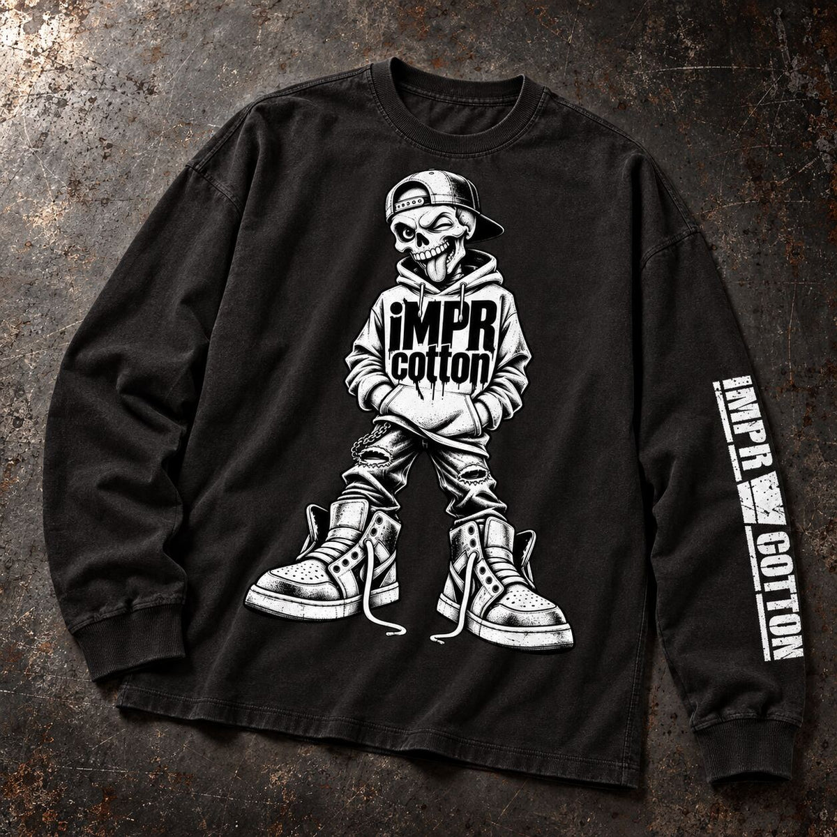 A black long-sleeve t-shirt with a white graphic print of a skeleton wearing a hoodie and sneakers, featuring the text 'iMPR Cotton' on the front and sleeve, laid flat on a textured dark background.