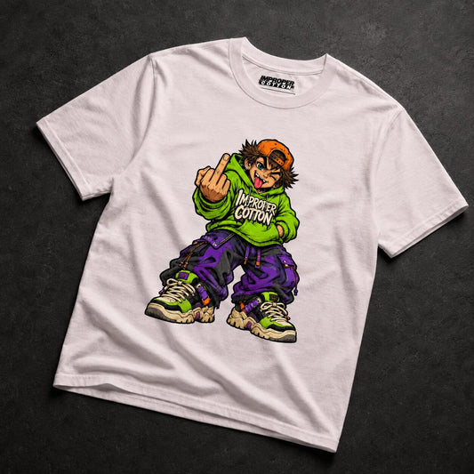 A white short-sleeve t-shirt laid flat on a dark textured background, featuring a colorful graphic of a cartoon character wearing a green hoodie with 'IMPROPER COTTON' text, purple pants, and an orange cap.